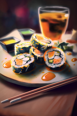 Sushi roll with salmon, avocado, cucumber, cream cheese and sauce.の素材