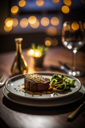 Beef steak with vegetables on a white plate on a wooden tableの素材