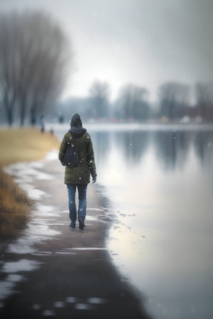 Woman walking along a frozen lake in the winter. Blurred background.の素材
