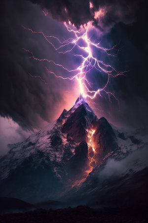 Lightning strikes a mountain peak in the night. 3D renderingの素材