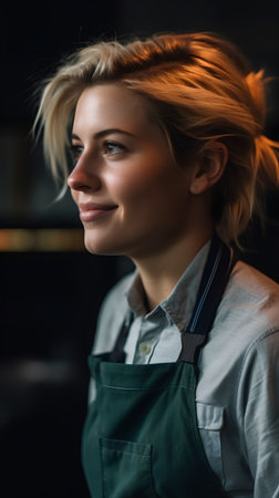 Portrait of a beautiful young woman working in a cafe or restaurantの素材