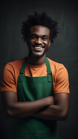 Handsome african american man with afro hairstyle wearing apronの素材