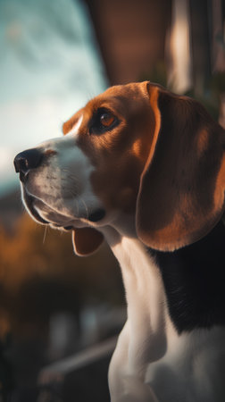Portrait of a beautiful beagle dog in the garden at sunsetの素材