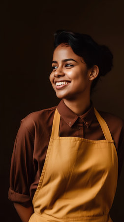 Portrait of smiling young african american woman in apronの素材