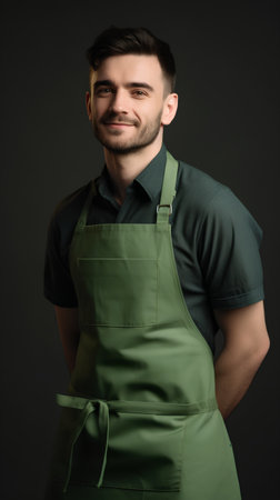 Handsome young man in green apron on dark background.の素材