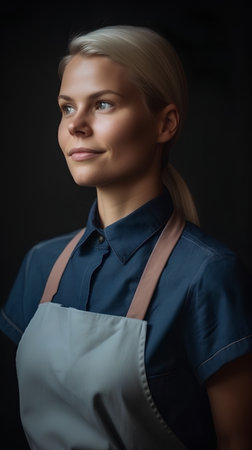 Portrait of a beautiful young woman in apron over dark backgroundの素材