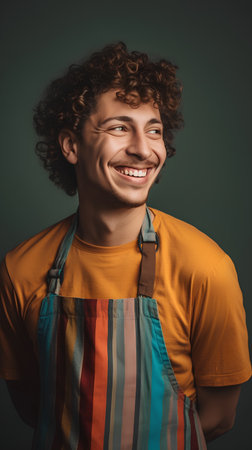 Cheerful young man in apron smiling and looking at cameraの素材
