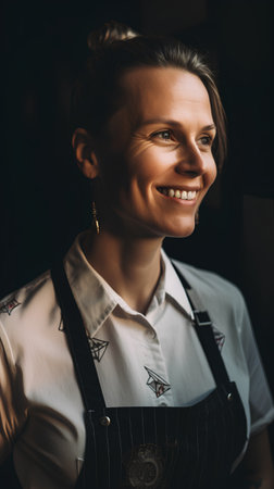 Portrait of a smiling waitress in apron standing in cafe.の素材
