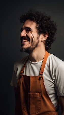 Portrait of a smiling male barista in an apron on a dark backgroundの素材