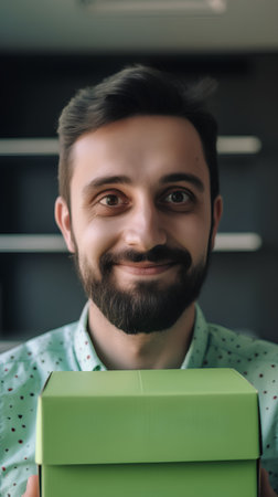 Portrait of a young man holding a gift box in his hands.の素材