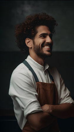 Portrait of a smiling barista standing with crossed arms and looking at cameraの素材