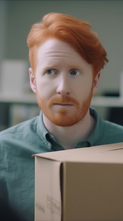 Redhead man with box looking at camera. Redhead man holding box.の素材