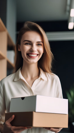 smiling businesswoman holding box with documents and looking at camera in officeの素材