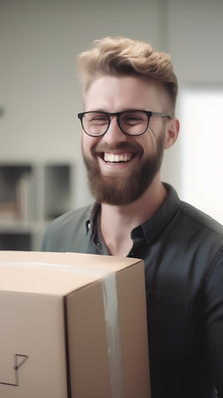 Portrait of happy young man carrying cardboard box and smiling at cameraの素材