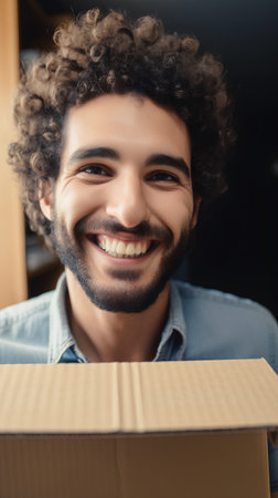 portrait of smiling african american man opening box at homeの素材