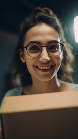 smiling young woman in eyeglasses holding laptop and looking at cameraの素材