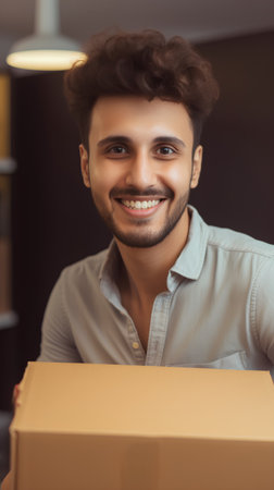 Portrait of handsome young man holding box and smiling at camera.の素材