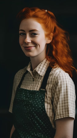 Portrait of a beautiful young woman with red hair wearing apronの素材