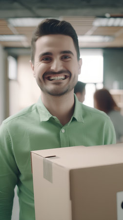 smiling young businessman with cardboard box in office, delivery service conceptの素材