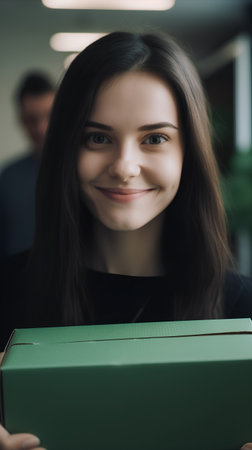 Portrait of a beautiful young woman holding a green gift box.の素材