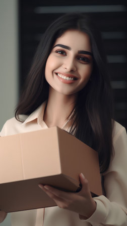 Beautiful young woman holding a cardboard box in her hands. Close-up portrait.の素材