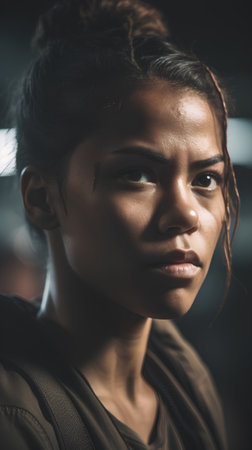 Portrait of a beautiful Asian woman looking away while standing in a dark roomの素材