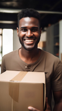 Portrait of smiling african american man holding a cardboard boxの素材