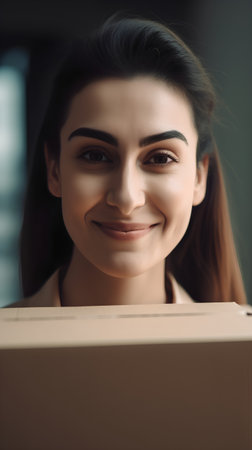 Closeup portrait of smiling young businesswoman looking at camera and holding cardboard boxの素材