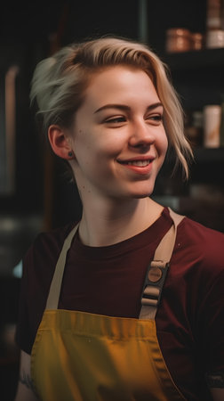 Portrait of a beautiful young woman working in a coffee shop.の素材