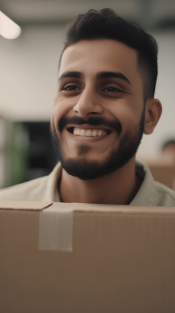 Smiling young man carrying cardboard box and looking at camera in officeの素材