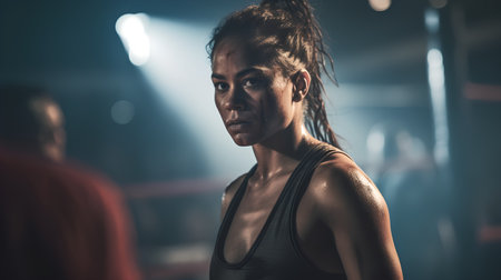 Portrait of a beautiful young woman with wet hair in a gymの素材