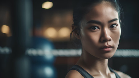 Portrait of sporty asian woman looking at camera while standing in gymの素材