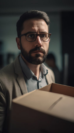 Portrait of handsome bearded man in eyeglasses looking at camera while holding boxの素材