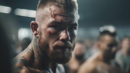 Portrait of a brutal man with tattoos on his arms in the gymの素材