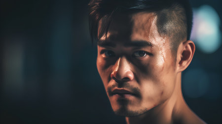 Portrait of handsome asian man looking at camera in dark roomの素材