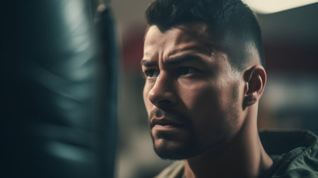Portrait of a young handsome man in boxing gloves at gym.の素材