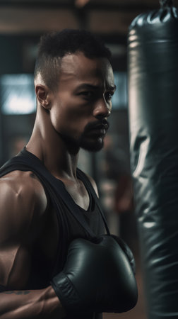 Portrait of a strong african american boxer in the gymの素材