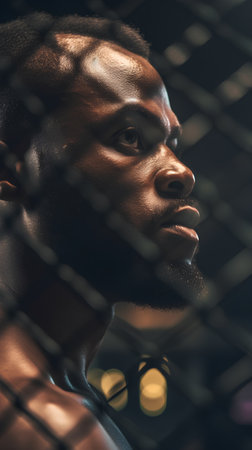 Portrait of a muscular african american man in a cage.の素材