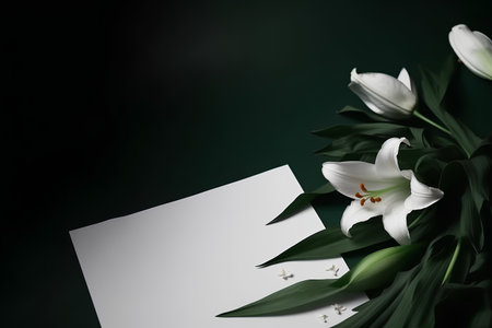 White lilies on a dark green background. Place for your text.の素材