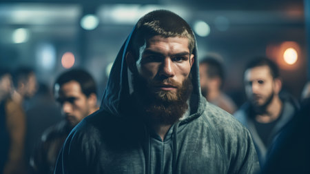 Portrait of a man with a beard in a hood on a blurred backgroundの素材