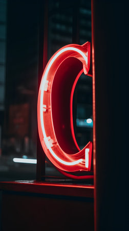 Red neon sign in the form of a crescent on a dark backgroundの素材
