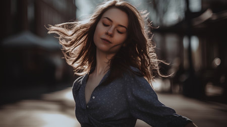 Portrait of a beautiful young brunette woman in the city.の素材