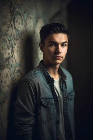 Portrait of a handsome young man in a denim jacket. Men's beauty, fashion.の素材