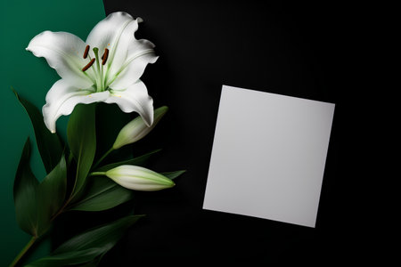 White lily flowers and blank card on black background. Flat lay, top view.の素材