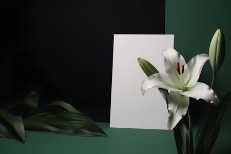 White lily on a dark green background with a white sheet of paperの素材