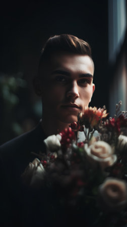 Portrait of a young man with a bouquet of flowers.の素材
