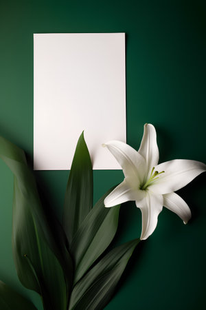 Creative layout made of white lily on green background. Flat lay, top view minimal concept.の素材