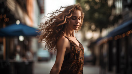 Beautiful young woman with long curly hair in the city street.の素材