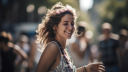 Portrait of a beautiful young woman on a city street in summerの素材