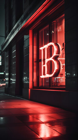 Bottega Veneta store sign and text logo in city street at nightの素材